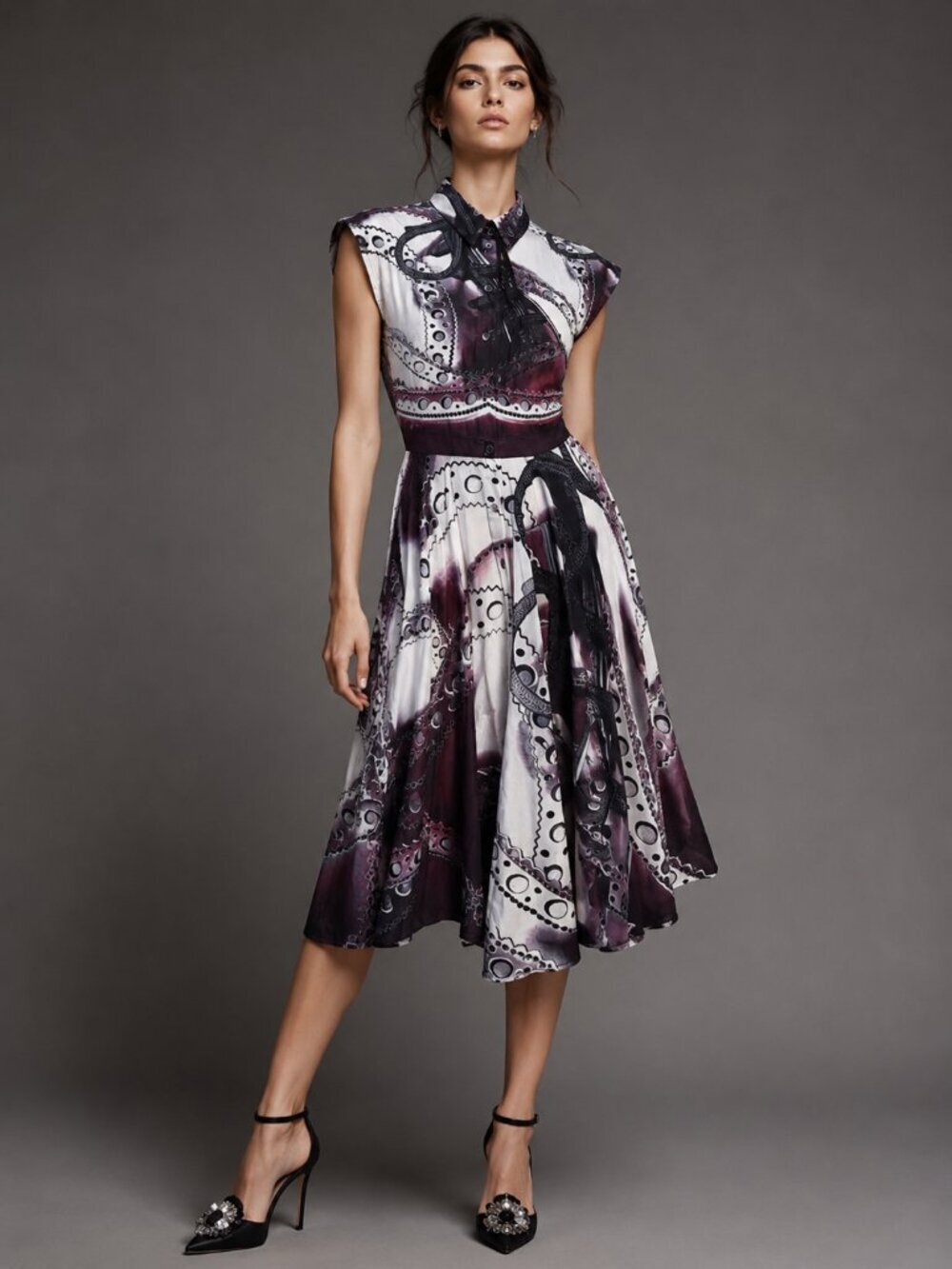 Mary Katrantzou Silk Blend Steampunk Print Button Front Midi Dress
